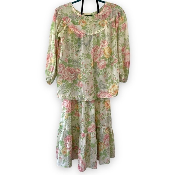 Vintage Pink Cream Floral Cotton Muslin Midi Skirt & 3/4 Sleeve Blouse Set - Picture 15 of 16